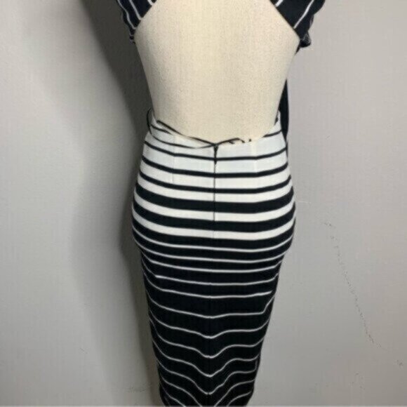 Nicholas Women’s Black & White Striped Midi Plunging V-Neck and Open Back Dress - Picture 13 of 15